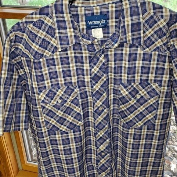 Wrangler Western Wear Sz. L Blue Plaid Pearl Snap SS Casual Button Down Shirt - Picture 6 of 14